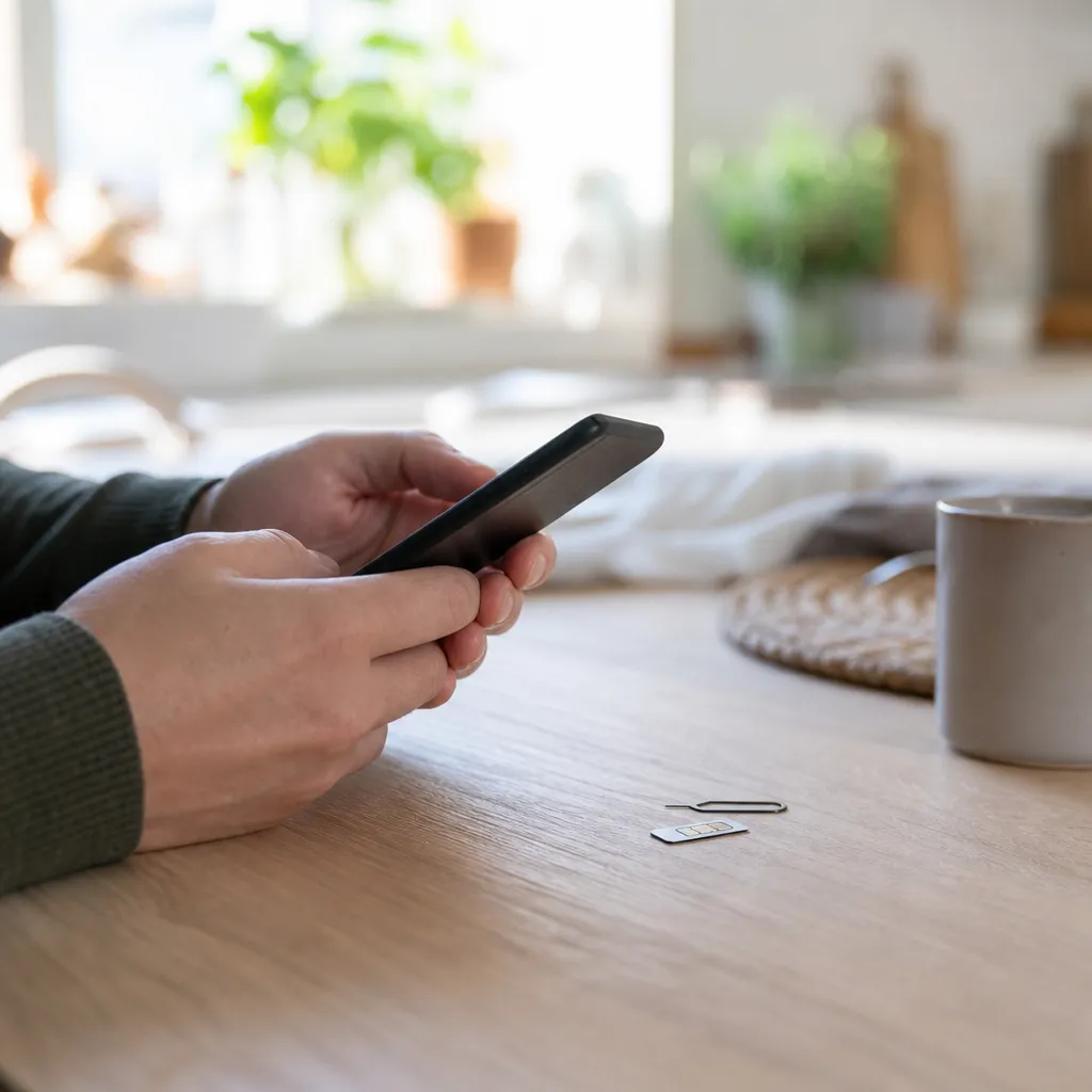 Byta mobilabonnemang — sim-kort och mobil på köksbord