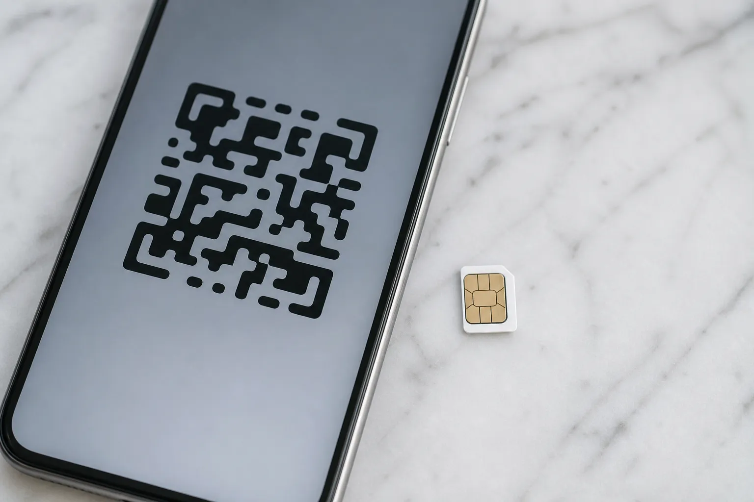eSIM QR-kod och fysiskt SIM-kort sida vid sida