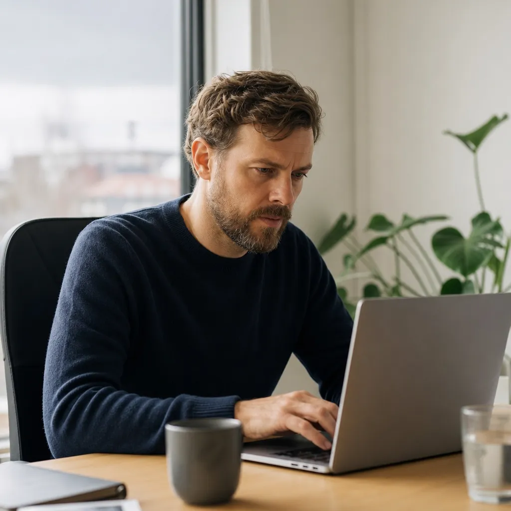 Användarvillkor — person läser dokument på laptop