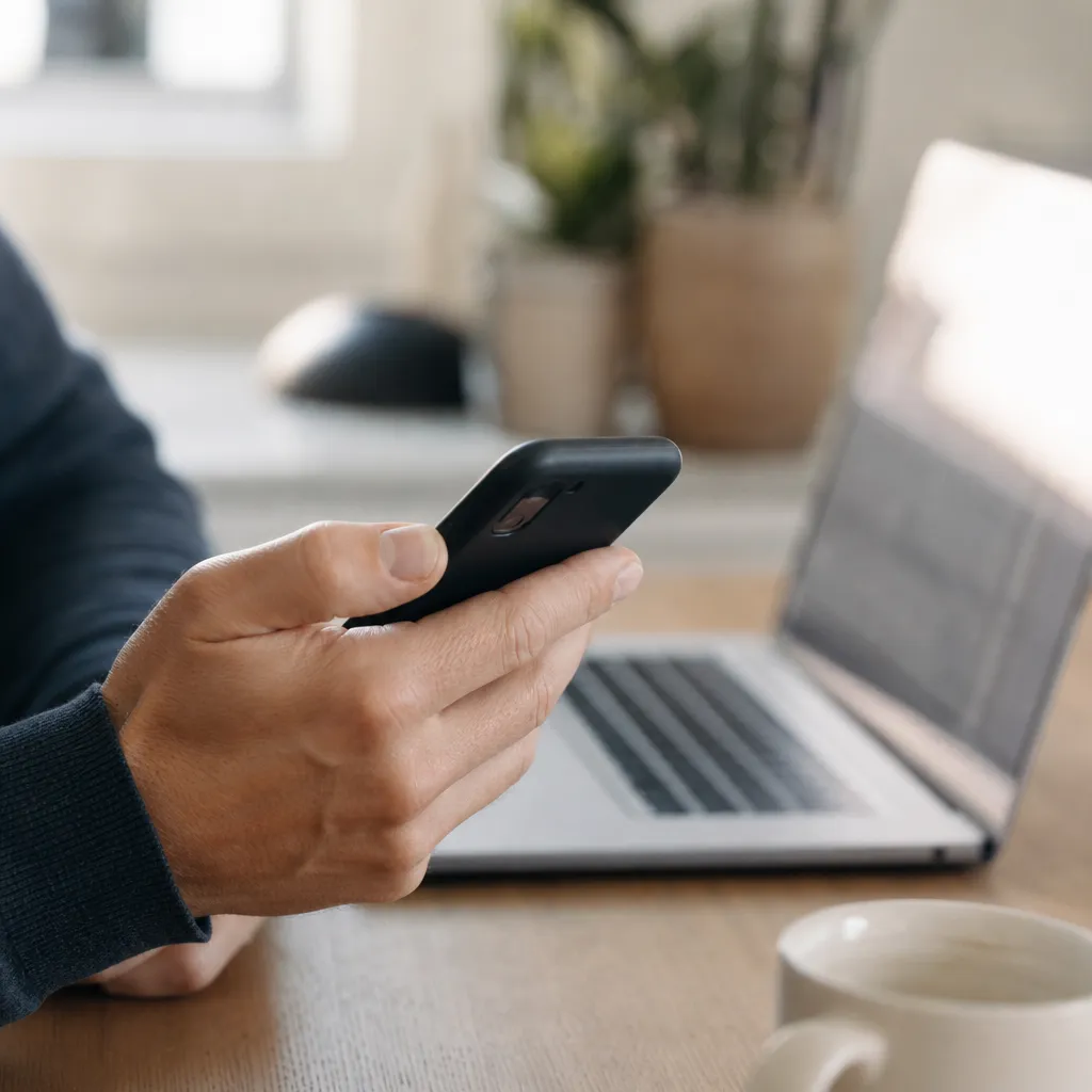 Integritetspolicy — mobiltelefon i hand med suddig laptop i bakgrunden