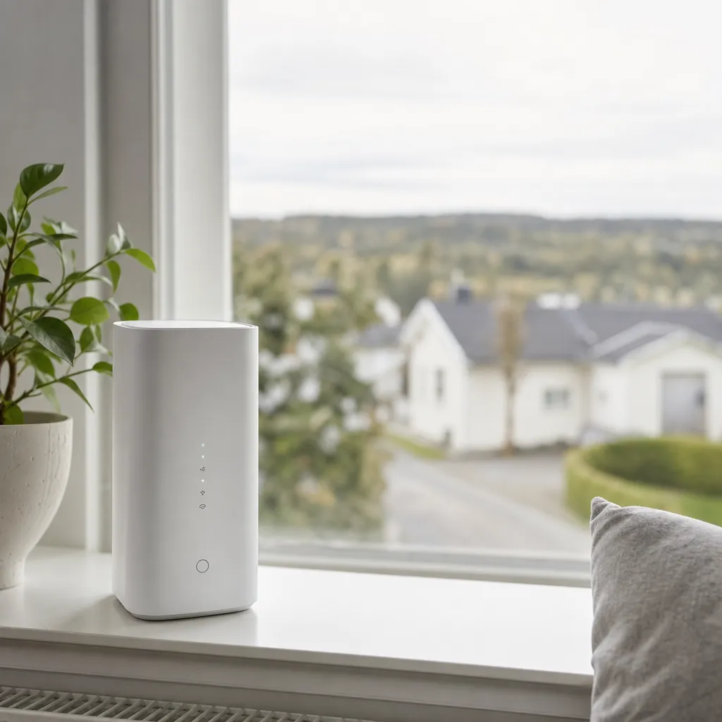 5G-router för mobilt bredband står i ett ljust svenskt vardagsrum vid fönstret