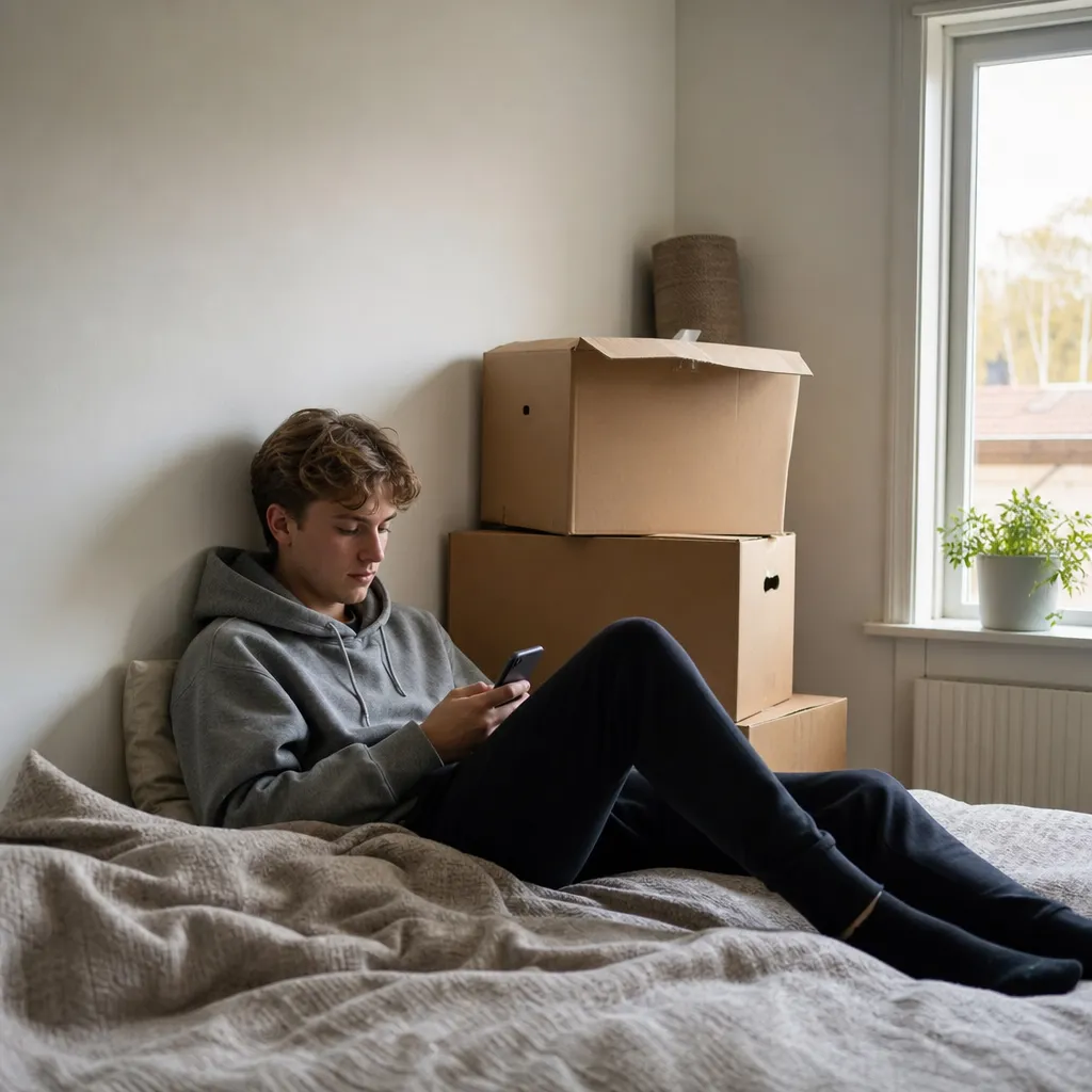 Mobilt internet för andrahandsboende — person på säng med mobil och flyttkartonger