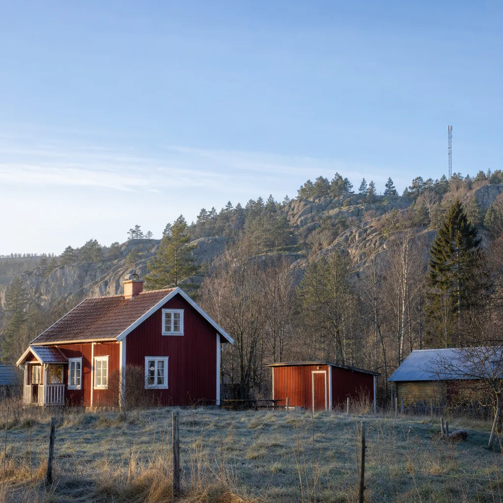 Mobilt internet i glesbygd — trähus i svensk natur med mobilmast i fjärran