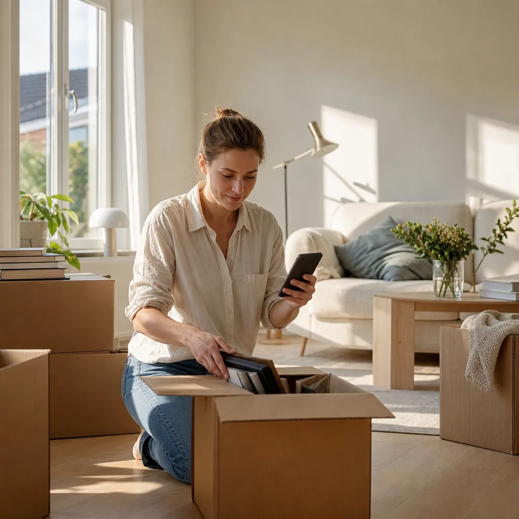 Mobilt internet för nyinflyttad — person packar upp i nytt hem med mobil i hand