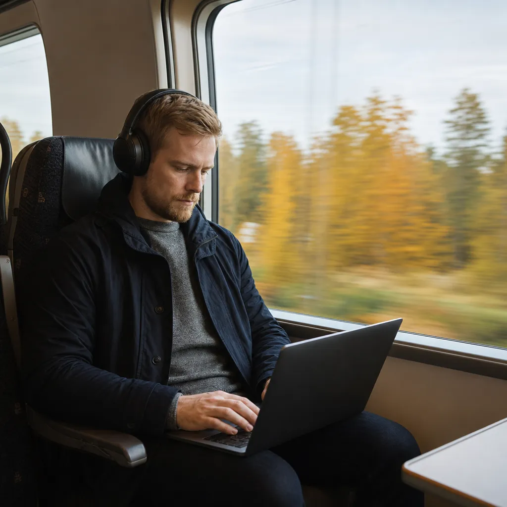 Mobilt internet för pendlare — person med laptop och hörlurar på tåg