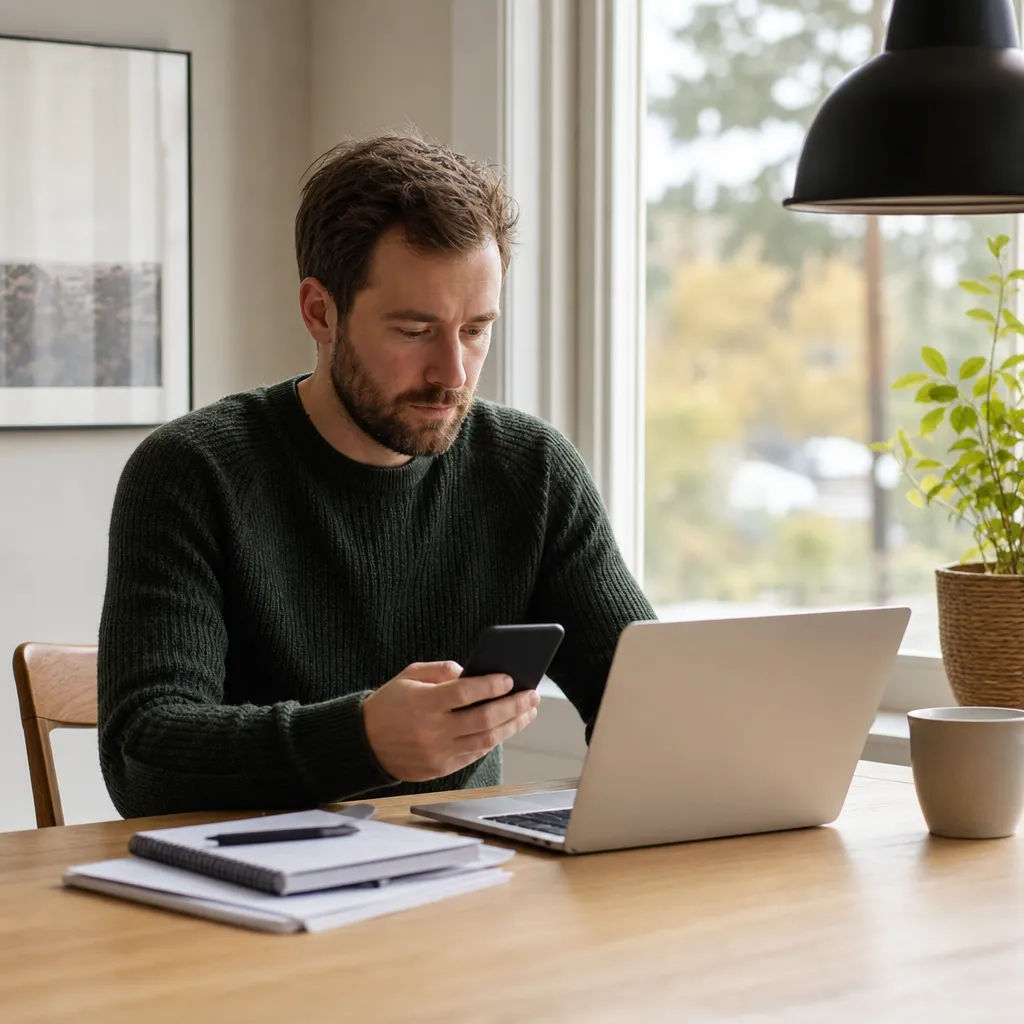Portera mobilnummer — person vid laptop och mobiltelefon