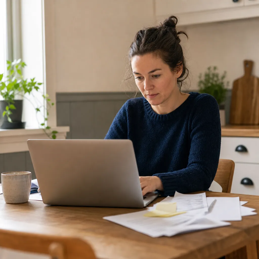 Säga upp mobilabonnemang — person vid laptop med papper på köksbord