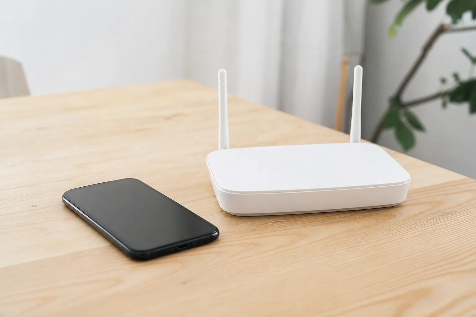 Mobil med SIM-kort bredvid 5G-router för hemmet