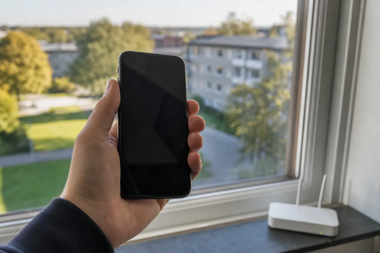 Mobilmast med 5G-signal till telefon och router i hem