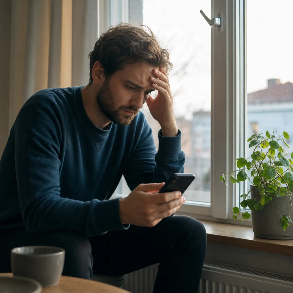Långsamt mobilt internet — person med mobil vid fönster i lägenhet
